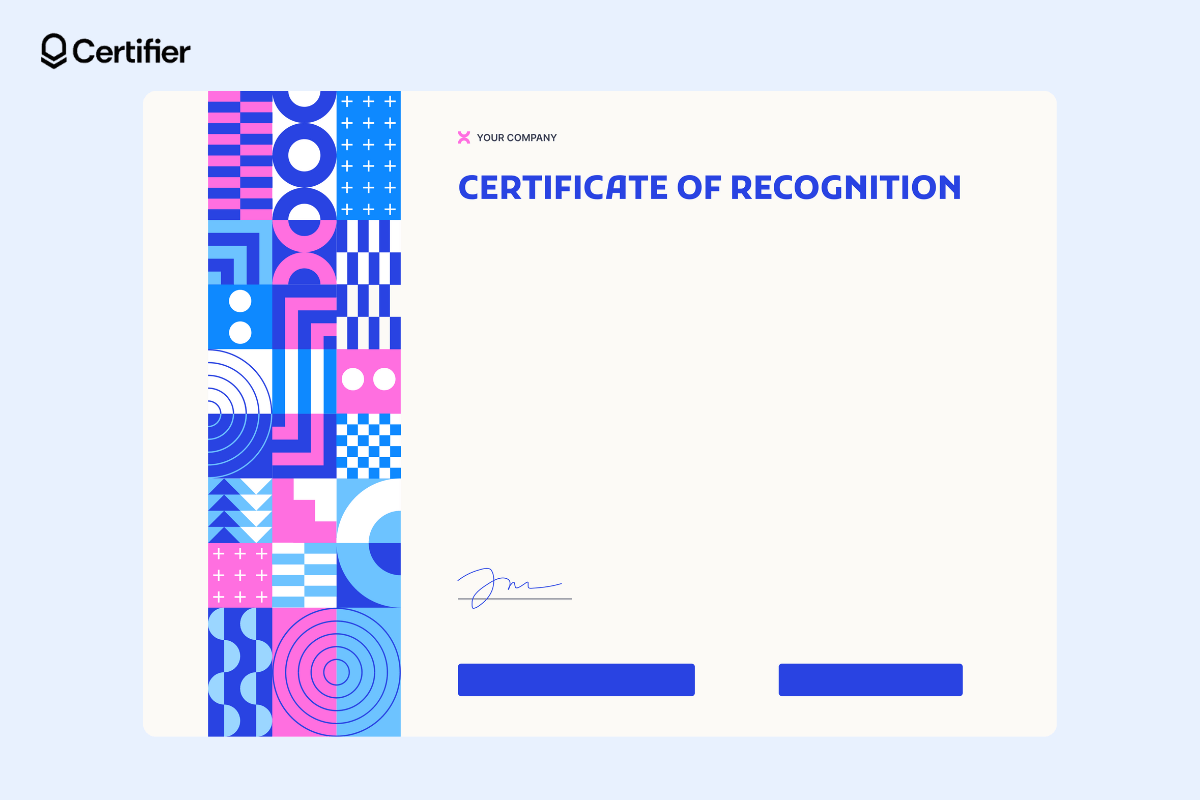 Background for certificate of recognition with blue and pink design elements on the left.