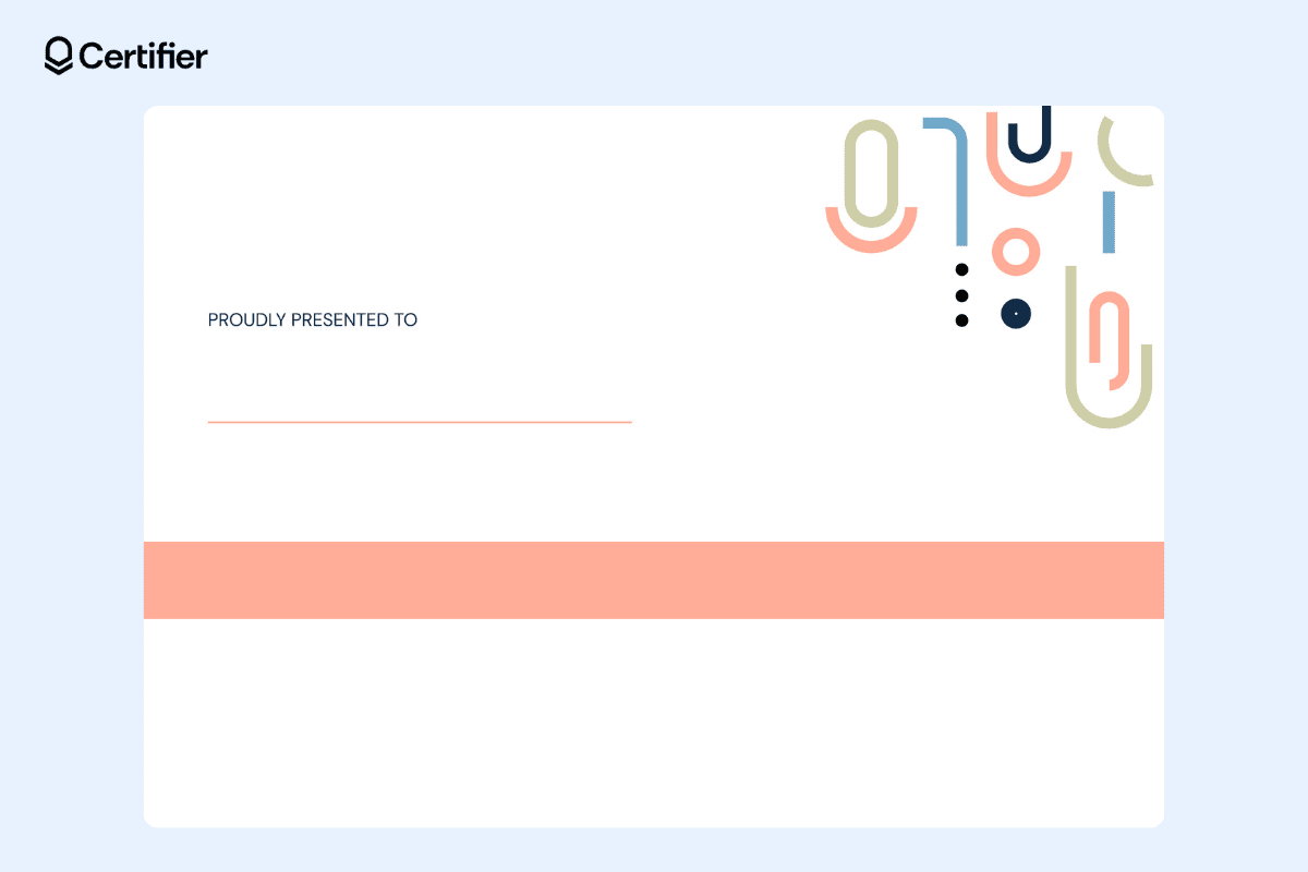 Certificate of appearance template word with modern abstract designs in the top right and a peach horizontal bar.