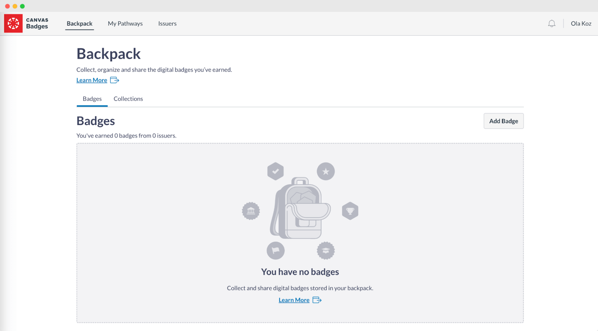 Canvas Badges Backpack interface with no earned badges displayed, offering options to add badges and organize collections.