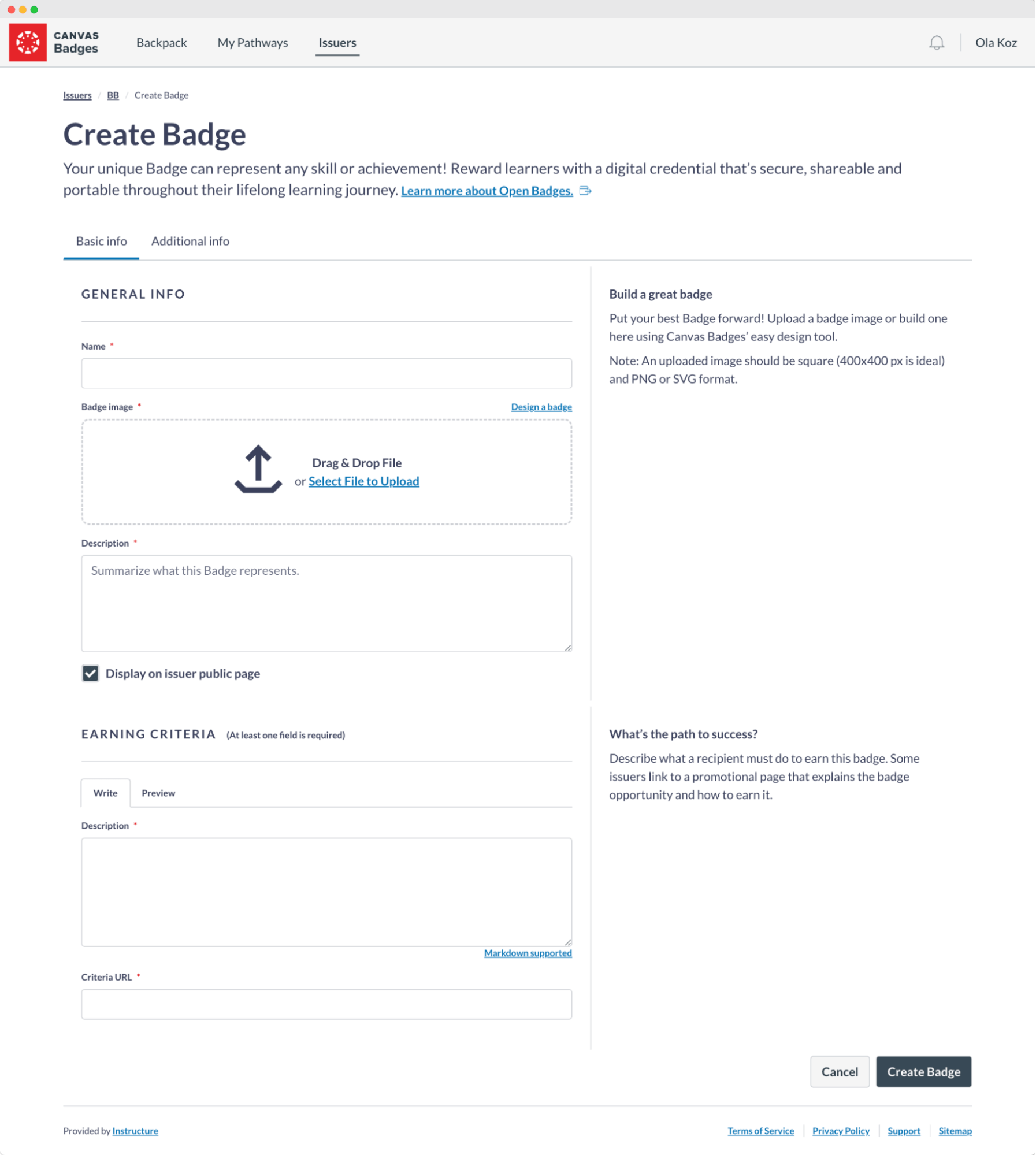 Canvas Badges form to create a new badge, including fields for general info, earning criteria, and display options on the issuer's public page.