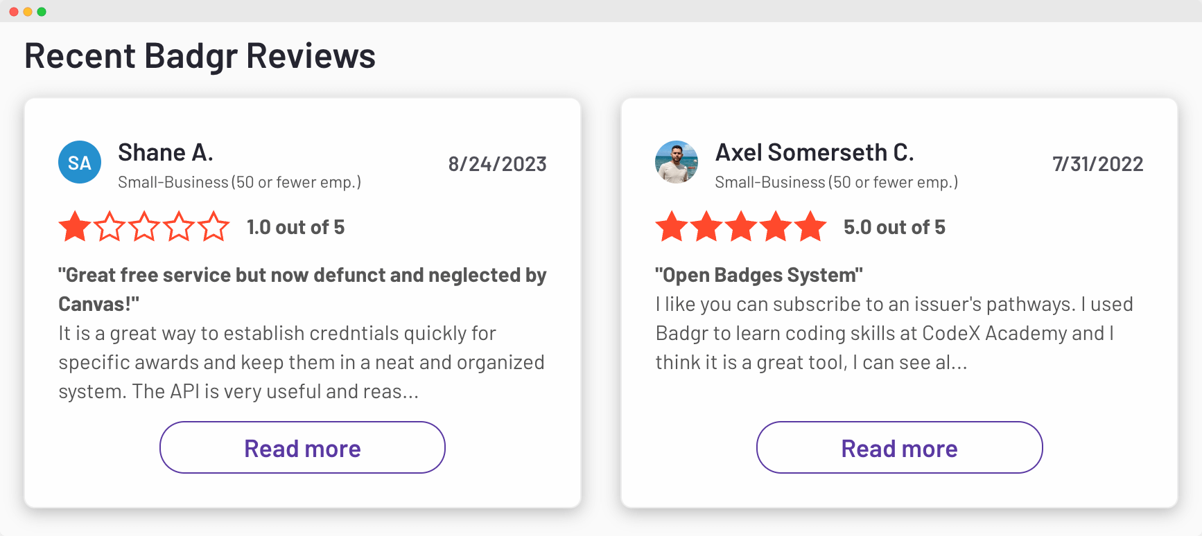 Recent reviews for Badgr, with one user rating it 1 out of 5 stars and another rating it 5 out of 5 stars, highlighting different user experiences. 