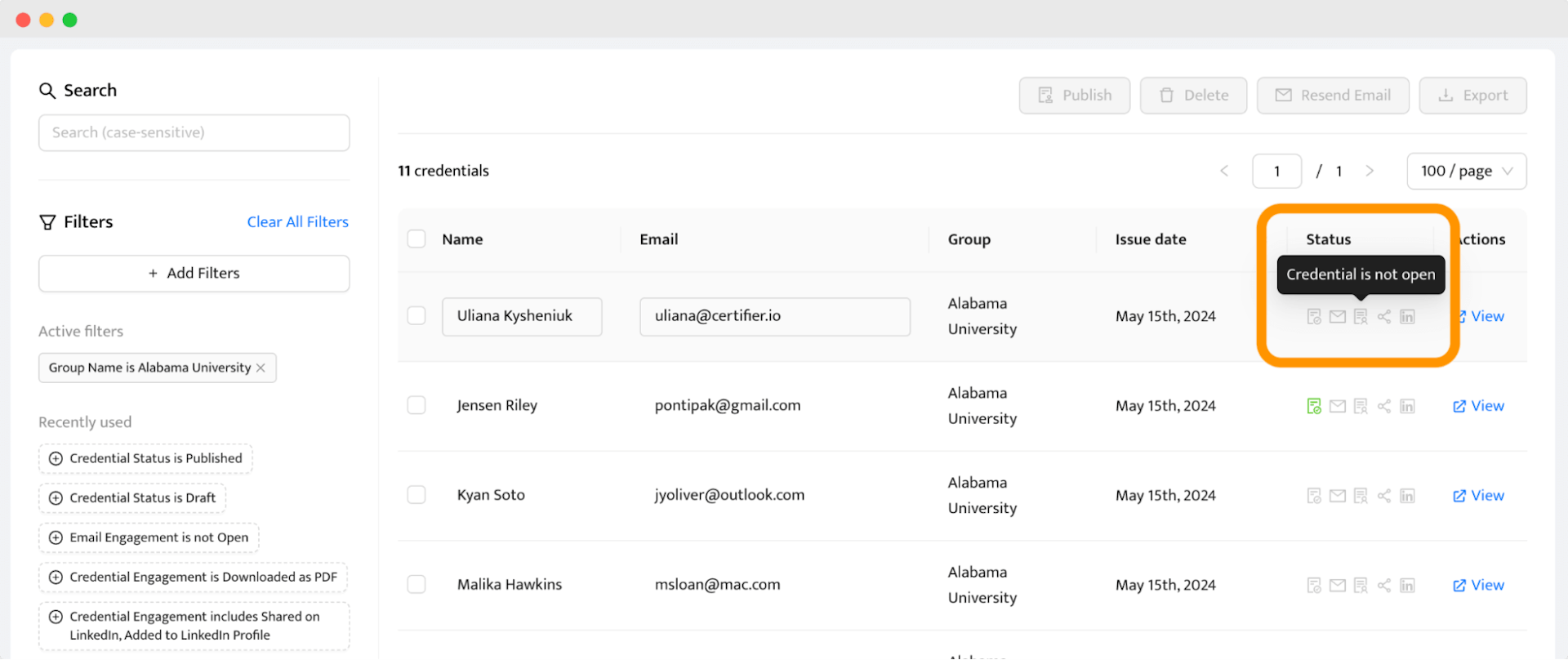 Certifier Badgr alternative and its badge dashboard showing a list of credentials with filters for status and engagement metrics. 