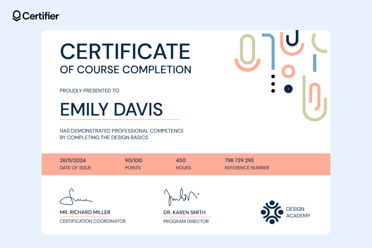 A colorful and print-ready nail course certificate template by Certifier containing ornamental elements at the top, and a pink bar for highlighting important elements.