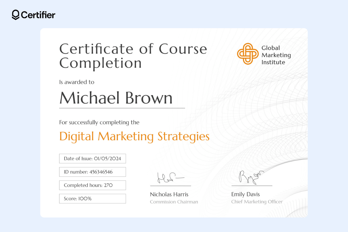 A customizable template that might work as a LinkedIn course certificate, containing yellow elements: course name and institute’s logo; the design of this online course certificate template is minimalistic.