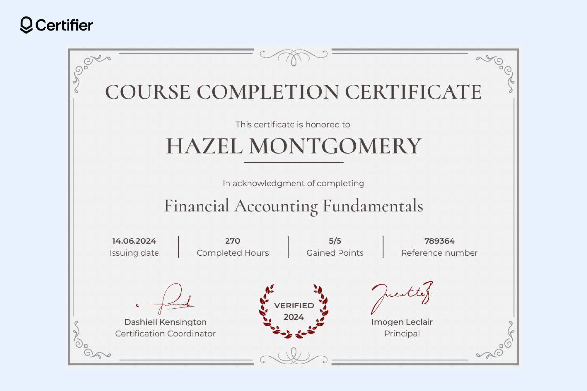 Computer course certificate template in grey with many ornamental elements and elegant borders; the certificate title and the recipient’s name is placed in the middle; there are red elements at the bottom.