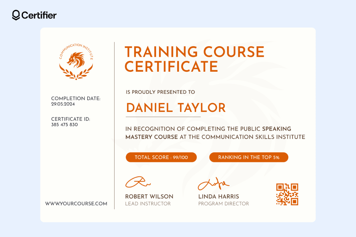 English language course certificate sample with light orange background and vivid orange elements, the institute’s logo is on the left, divided by a thin line.