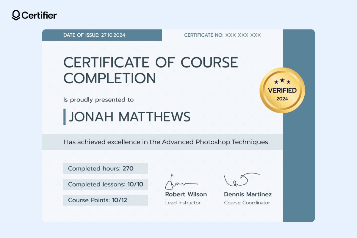 An English course certificate sample template in blue color with a gold seal on the right, signatures at the bottom, and course details in bold.