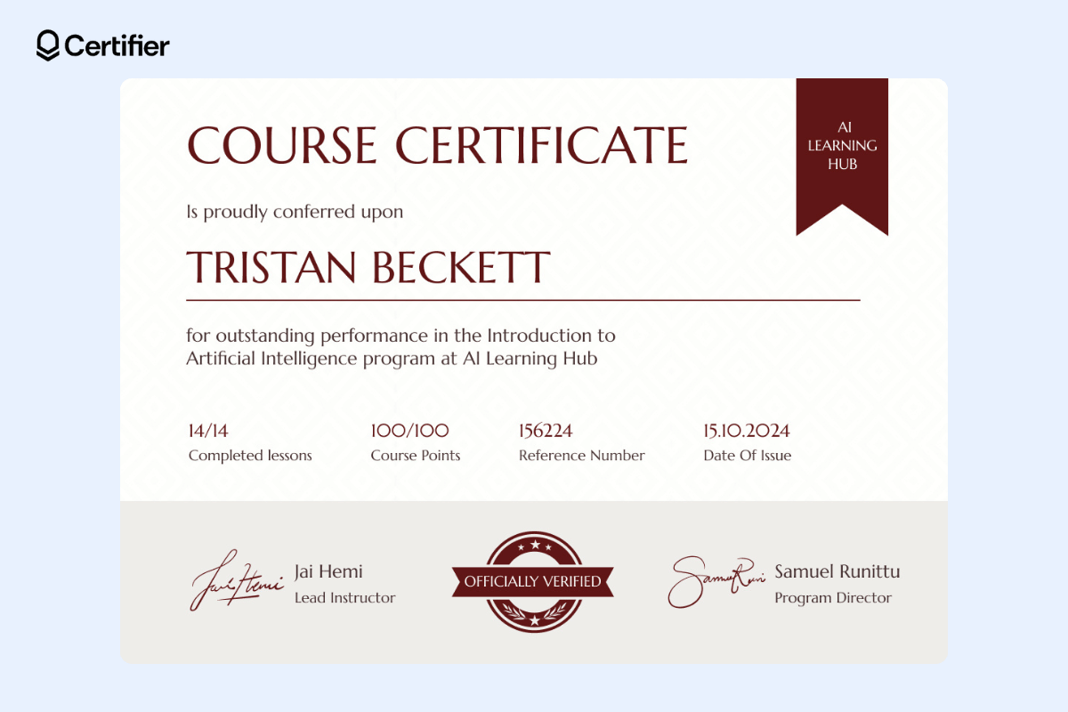 A template by Certifier for an IT course certificate format, containing a beige ornamental bar at the bottom with signatures and a badge in the middle; a line separates the recipient’s name and course title from all other information.