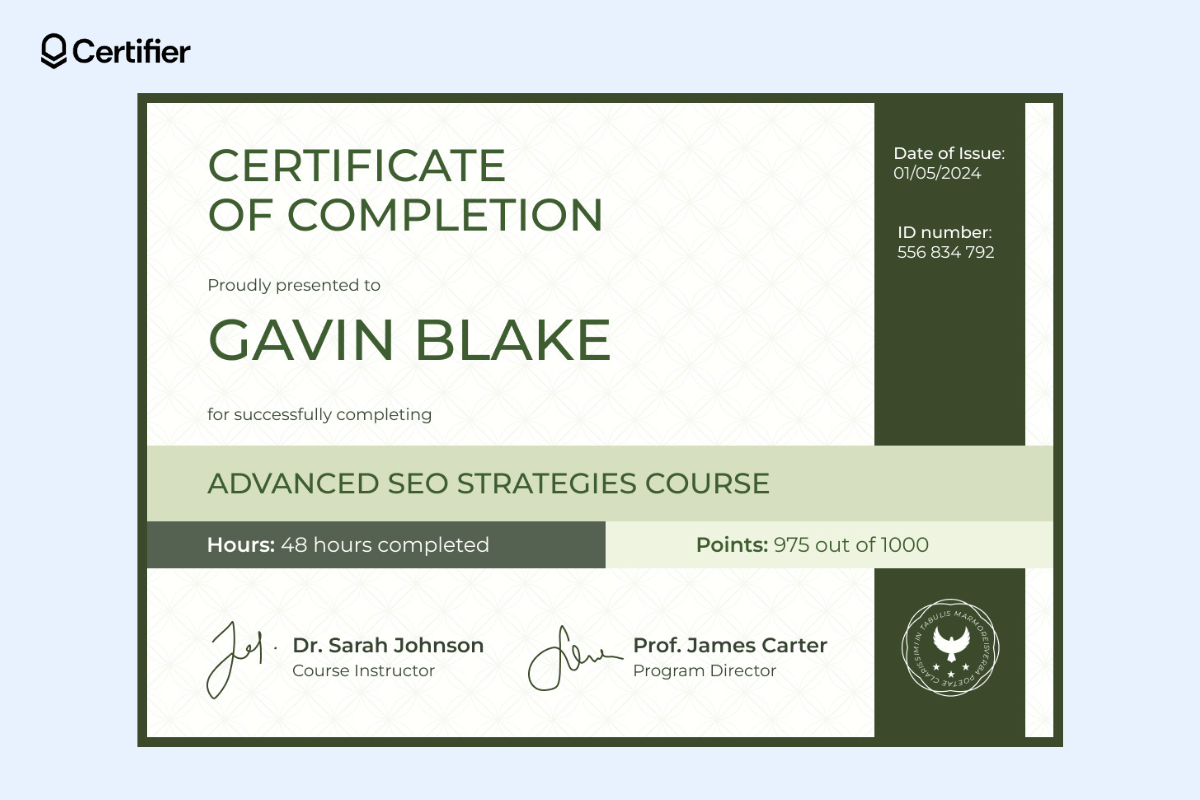 Green certificate of recognition template with a light green background and many green elements highlighting the relevant information; the logo is in the bottom right corner.