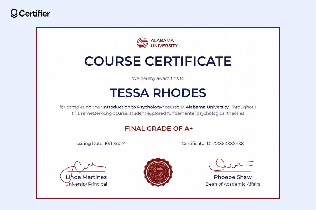 Modest course certificate template with a white background and blue and red elements; the course grade is in red font, placed under the certificate wording; the seal is between the signatures at the bottom of the design.