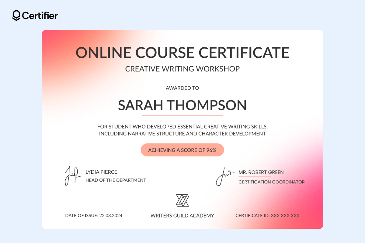 Pink design for LinkedIn course certificate template that features gradient-pink coloring in the two diagonal corners; the core is highlighted in pink, placed in the middle of the course certificate template.