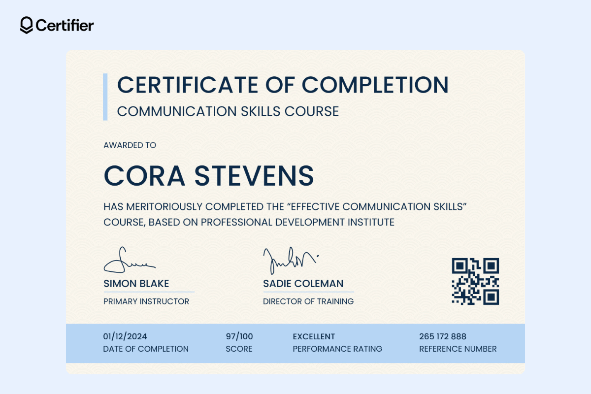 Classic certificate temple with a beige background and a light blue bar at the bottom; blue font is used for the recipient's name and it is one of the biggest elements in this course certificate template.