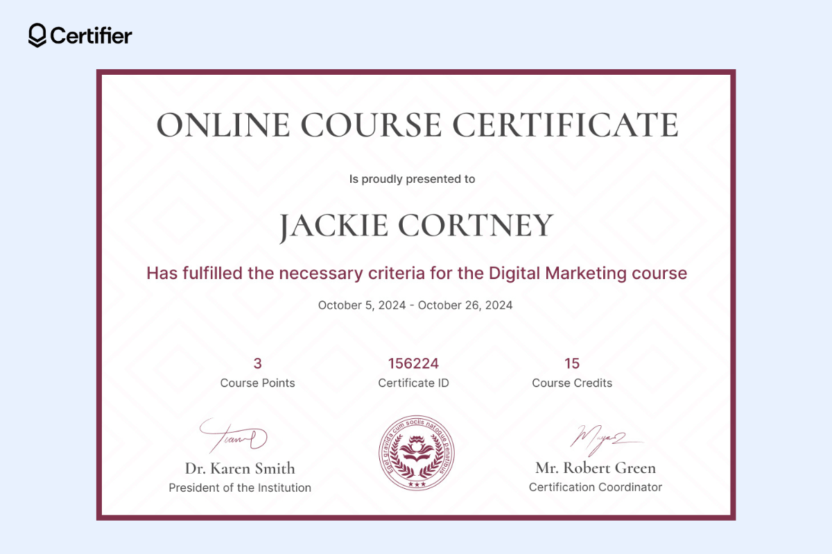 Certifier’s online course certificate template in red with a white background, red wording, and a red seal; the course title and recipient’s name are visibly bigger than the rest.