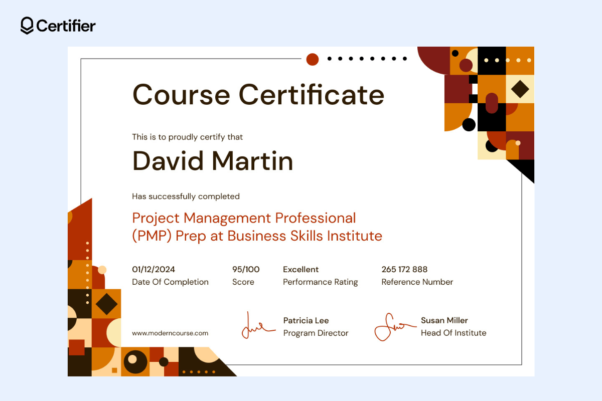 A template by Certifier that can be used as a business and computer course certificate template, featuring brown elements in diagonal corners with a red course title.