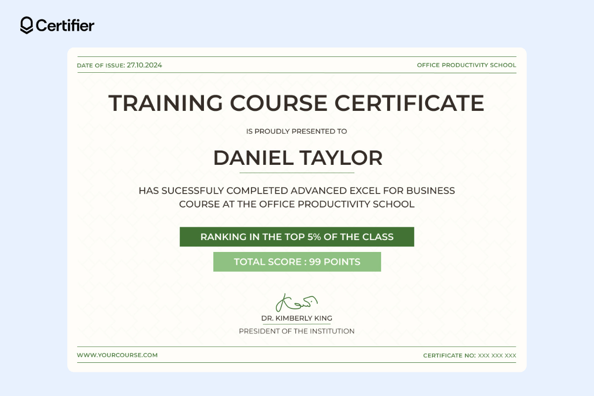 An IT course certificate format that is ready for bulk issuing and distributing with green elements in the center and in each corner; course title and recipient’s name are bolded in the middle.