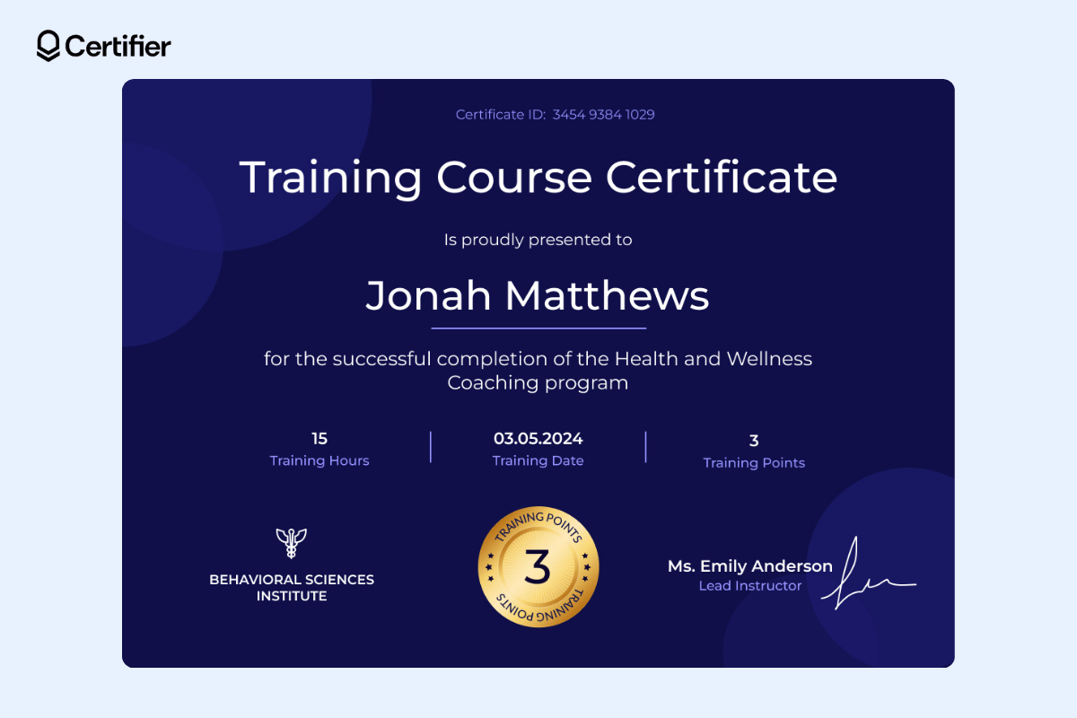 A navy blue course certificate of completion with lighter blue circles in the background and a white font; the gold seal in the middle makes this MS Office course certificate template elegant.