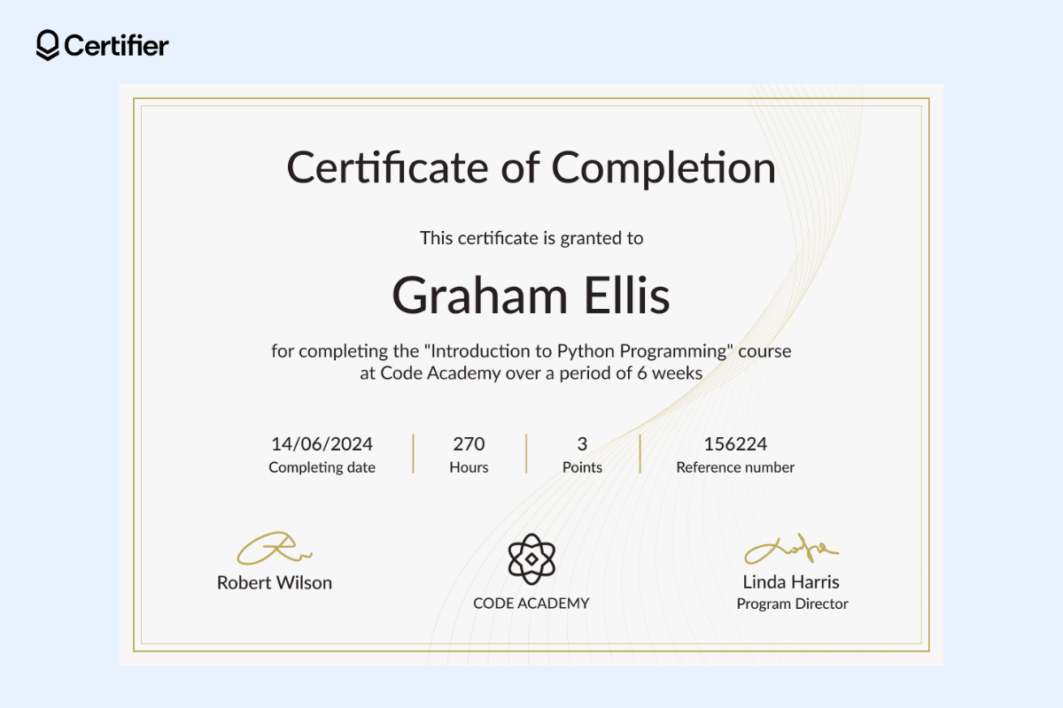 A yellow course certificate of completion template in which all the course details are separated by vertical lines; at the bottom, a logo is placed between two signatures.