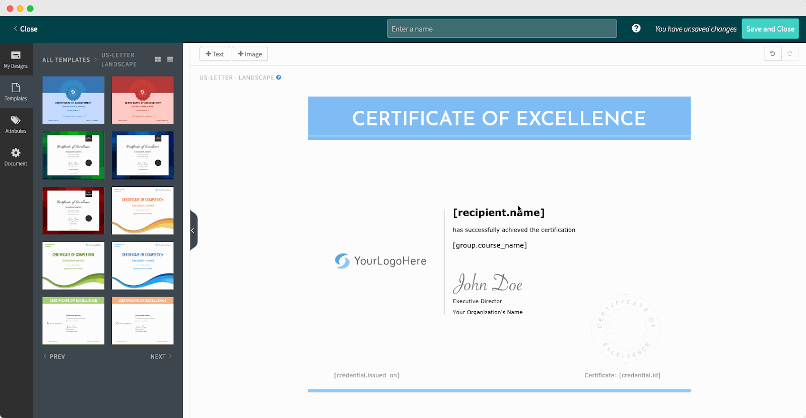 Certificate editor showing a customizable Certificate of Excellence template with options for text and image integration, part of Accredible digital credential management software platform.