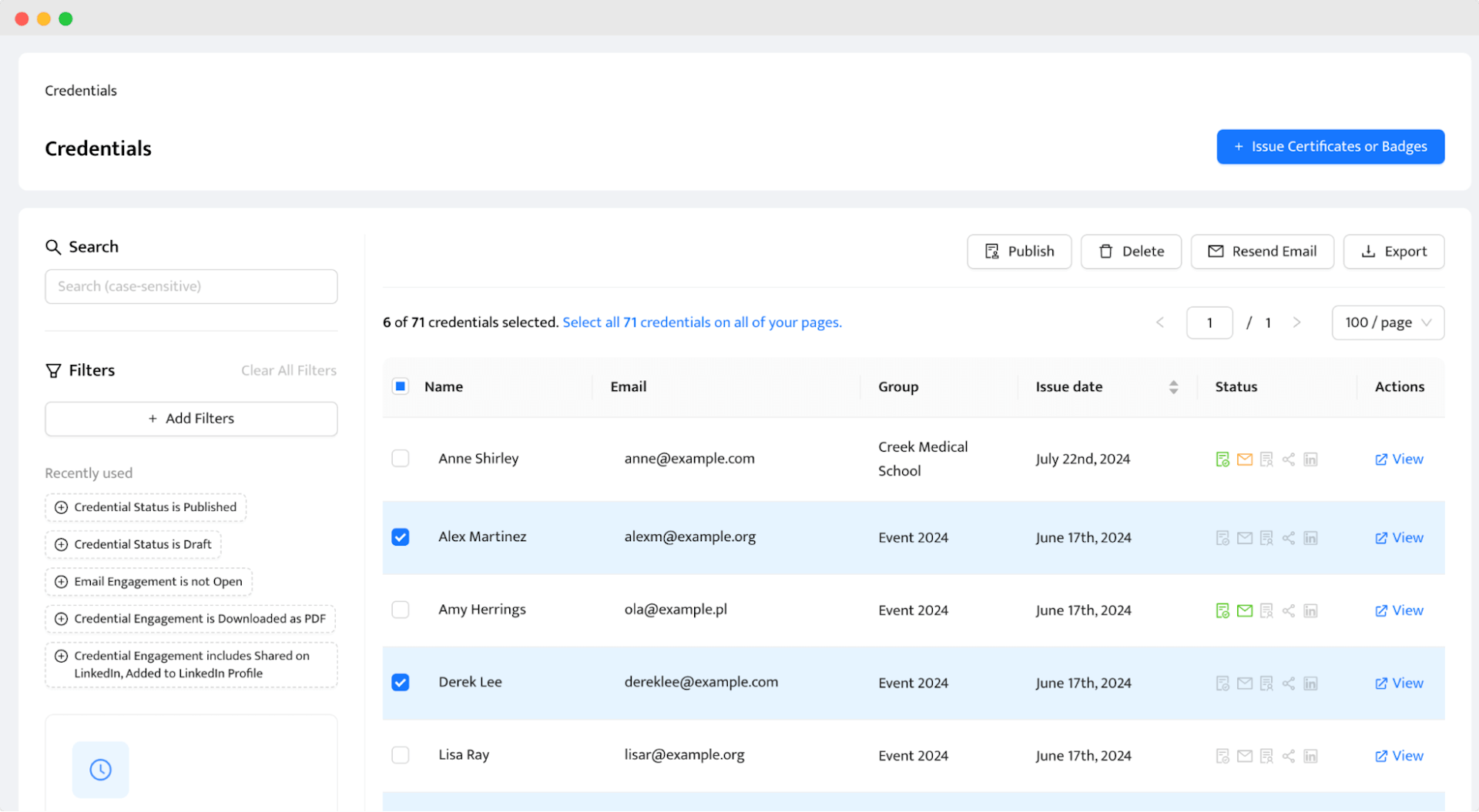 Certifier credentials management dashboard displaying a list of issued credentials, including details like recipient name, email, group, issue date, and status, a feature of the best digital credential management software.