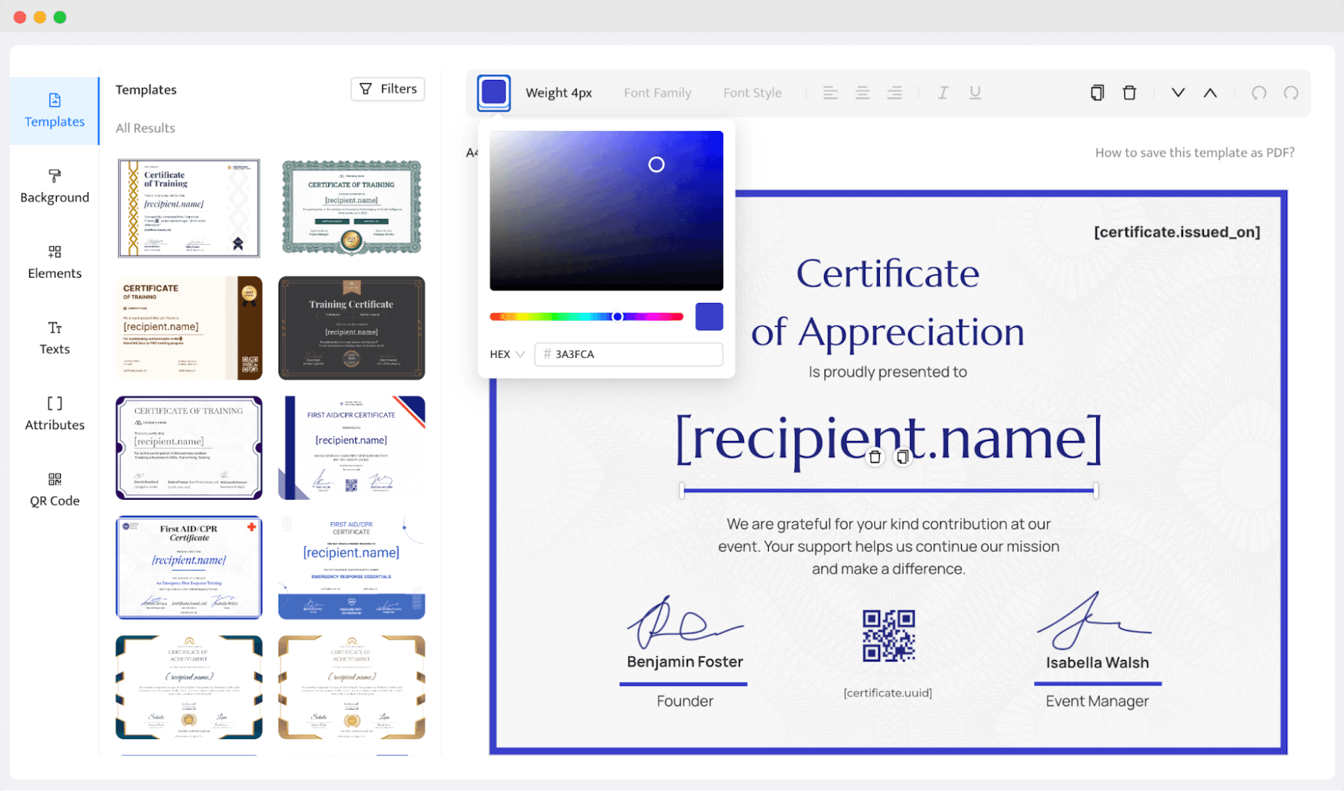 Certificate design editor screen with various templates and customization options for creating professional certificates, part of the best credential management software platform – Certifier.