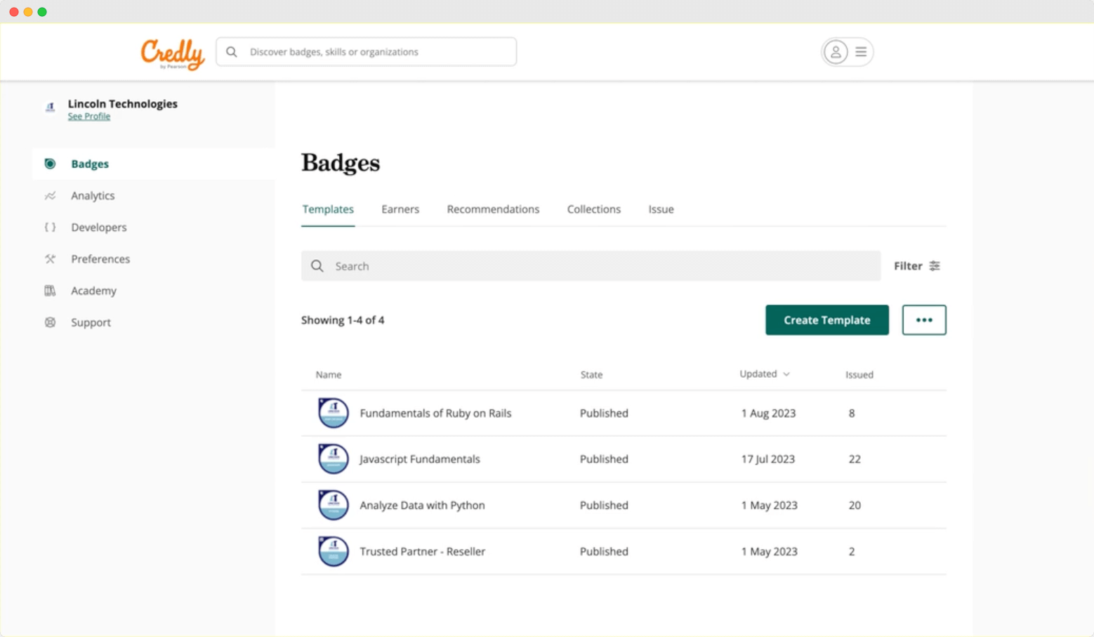 Credly badge management interface showing a list of badge templates with options to create new templates, part of a credential management software system.