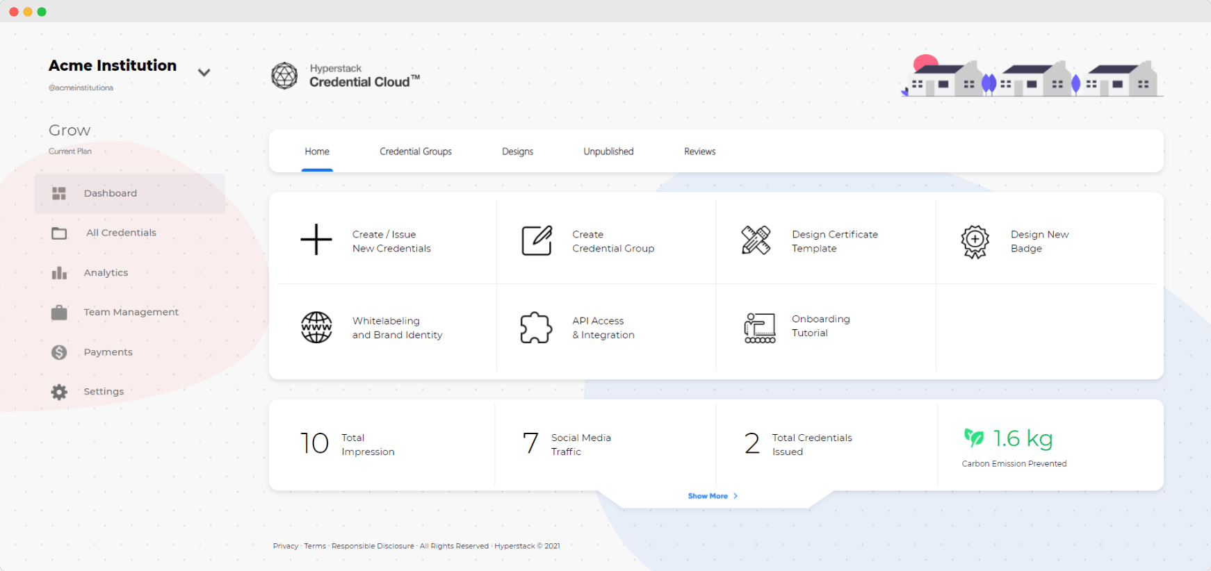 Dashboard interface of Hyperstack Credential Cloud digital credential management software showing various credential creation and management options.