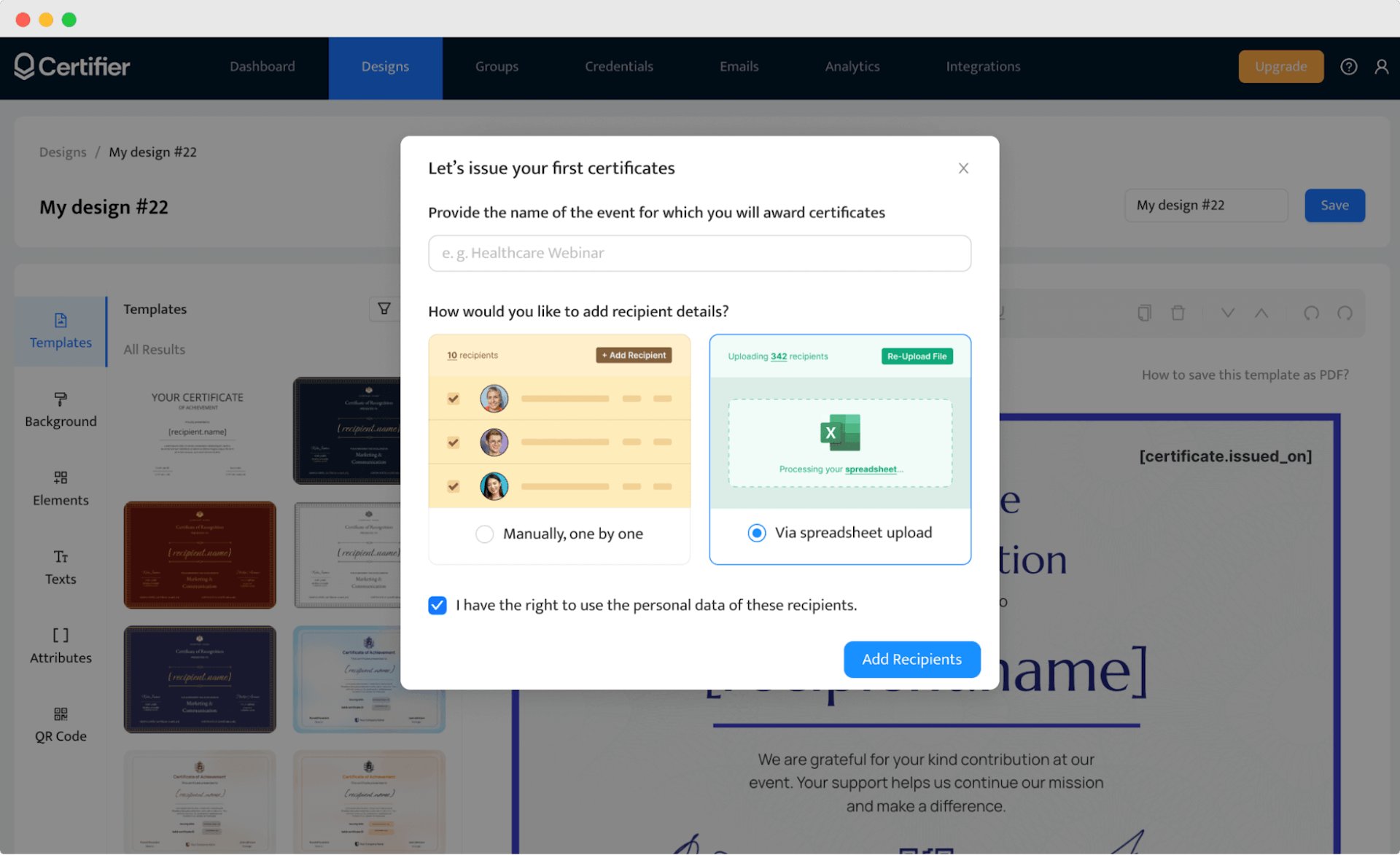 Certifier design interface allowing users to issue certificates by uploading a spreadsheet, showcasing the capabilities of the best digital credential management software.