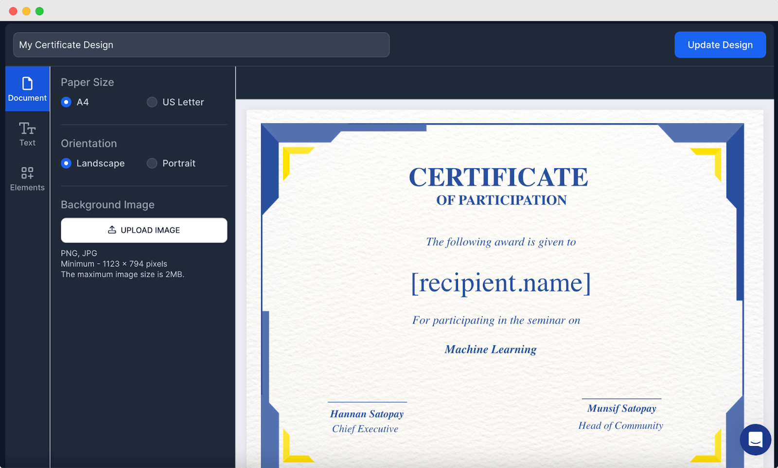 Certificate of participation design editor screen, a component of NetCredential management software.