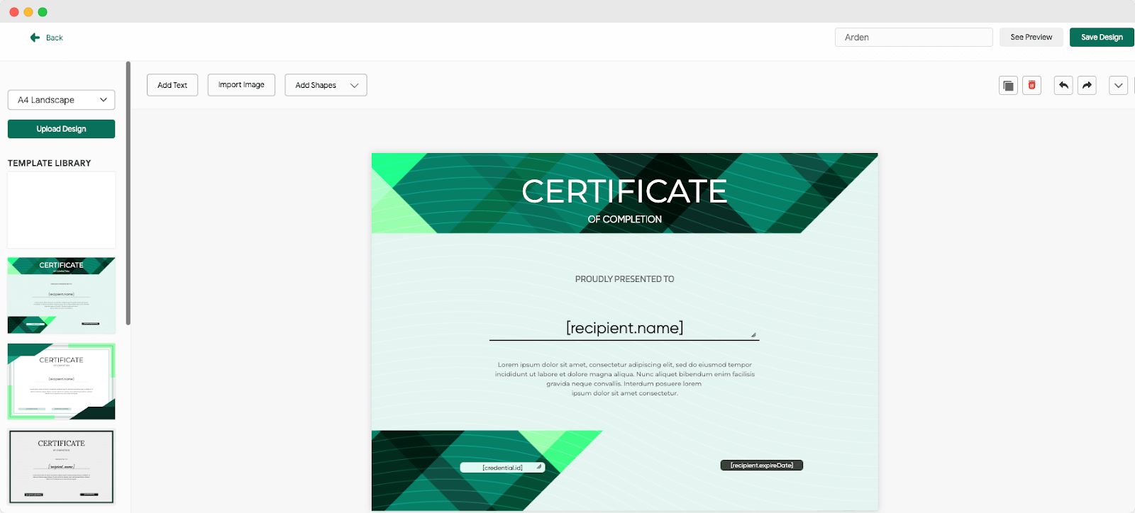 Certificate of Completion design editor with options to import images and add text, demonstrating features of a Sertifier credential management system.