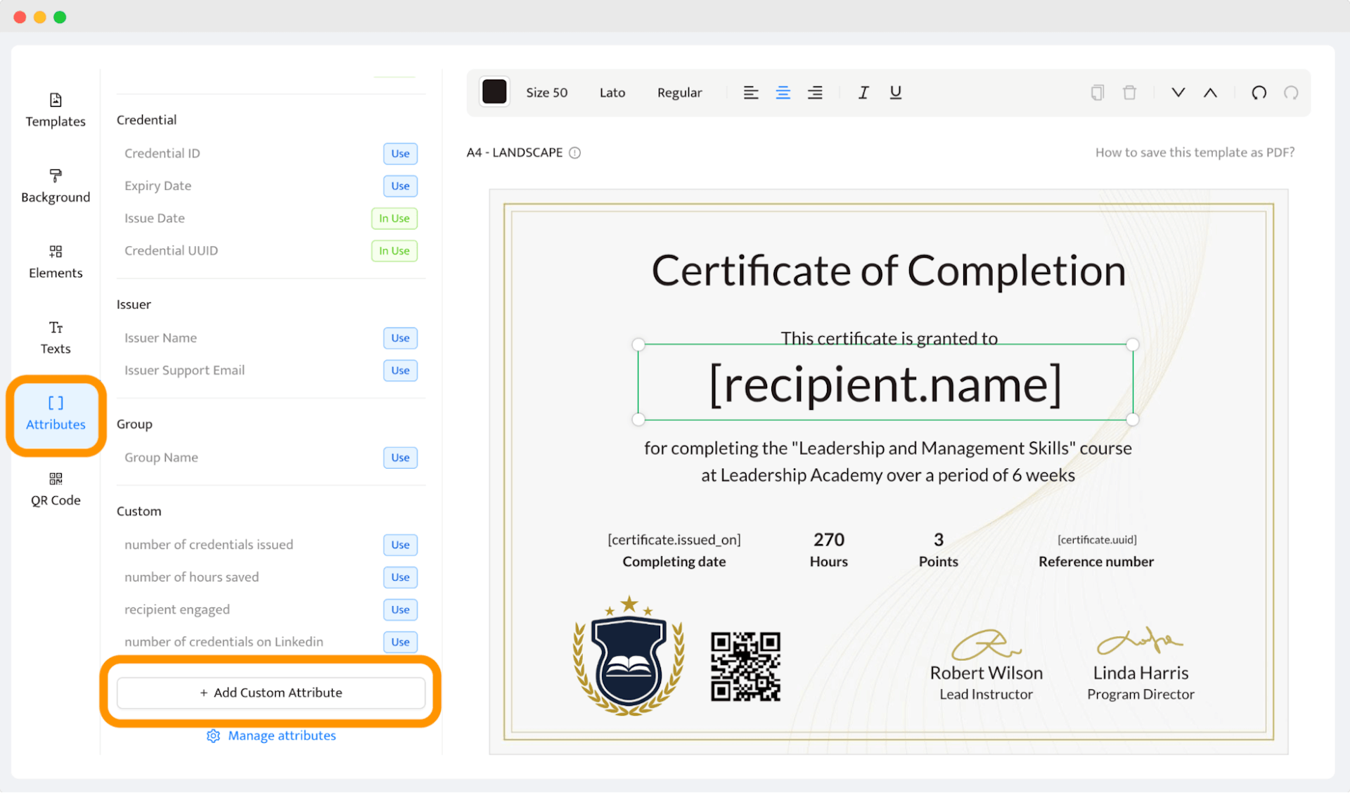 One of the steps of how to create a course certificate free: Adding dynamic attributes in Certifier’s editor.