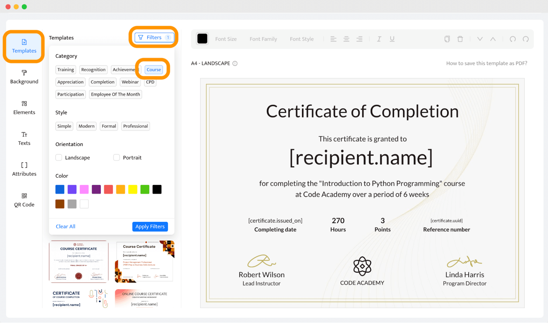 One of the steps of how to make a course certificate: Choosing filters in Certifier’s editor.