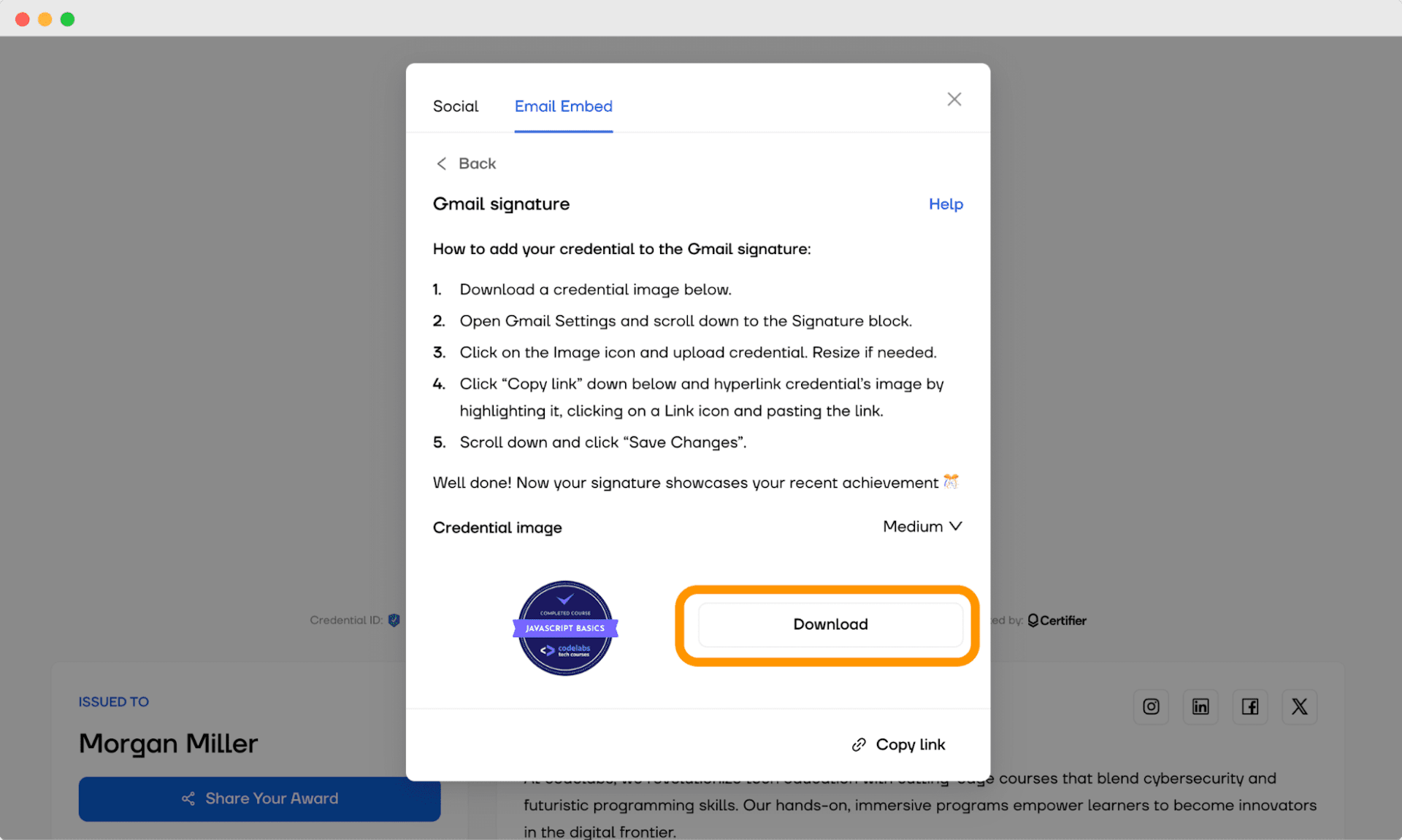 Instructions on the Certifier verification page for embedding a credential in a Gmail signature, outlining steps to download and add a badge to your email signature.