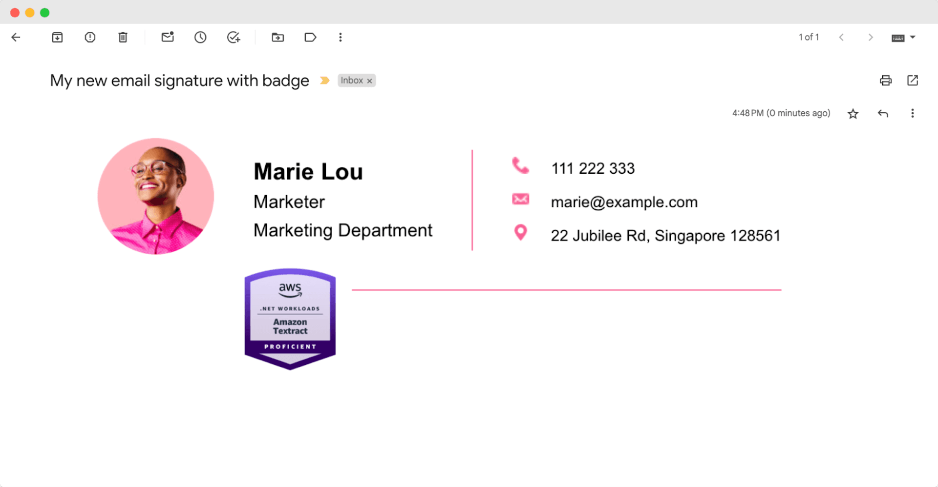 Email signature with badge, featuring contact information and an AWS certification badge, demonstrating an email signature with certifications.