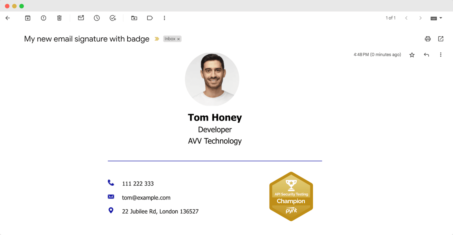 An example of email signature with credentials for IT developers, featuring a photo, contact details, and an API Security Testing badge.