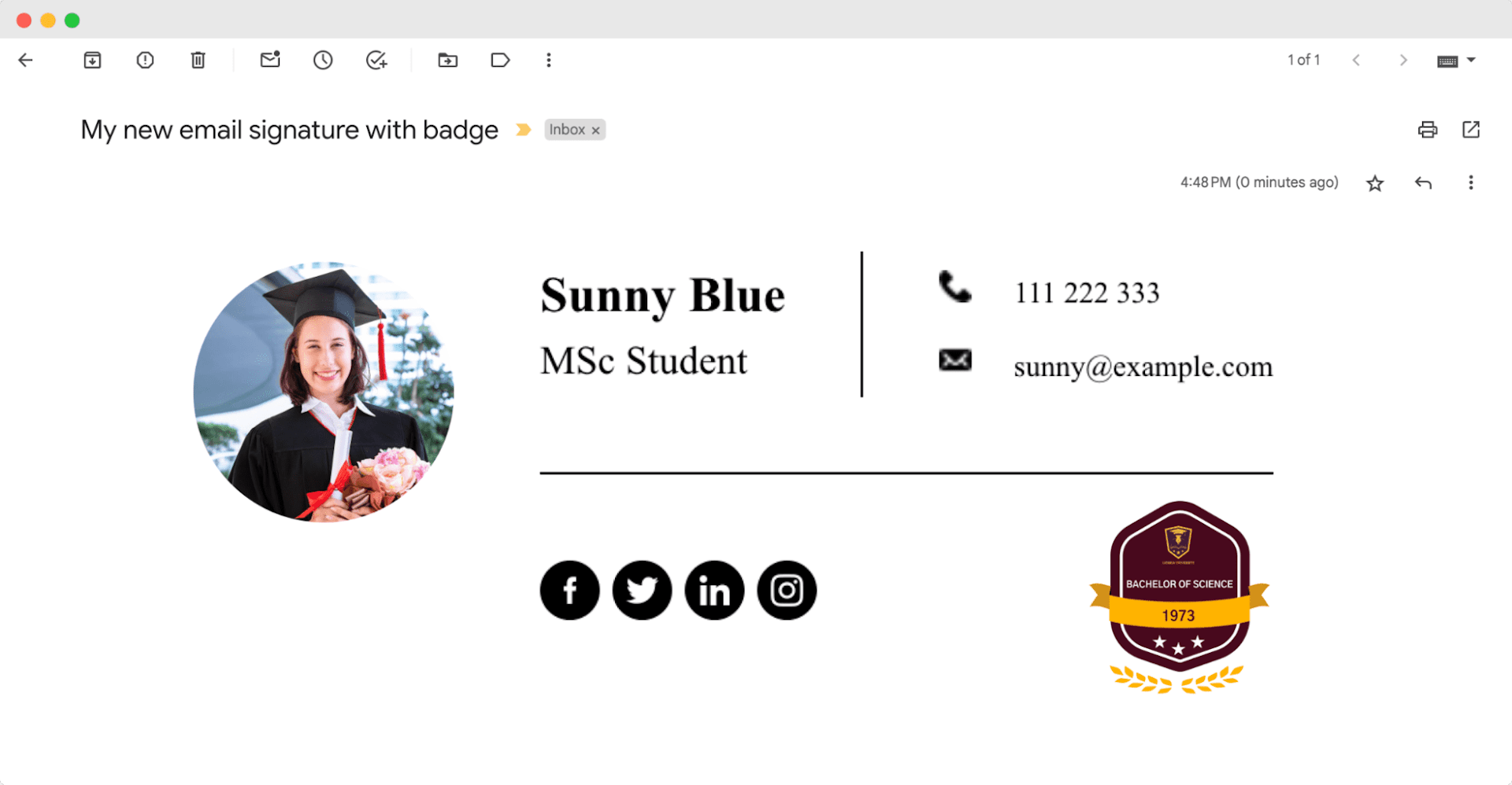 Email signature with badge example for education, featuring a photo, contact details, and a Bachelor of Science badge, demonstrating how to add certifications to an email signature.