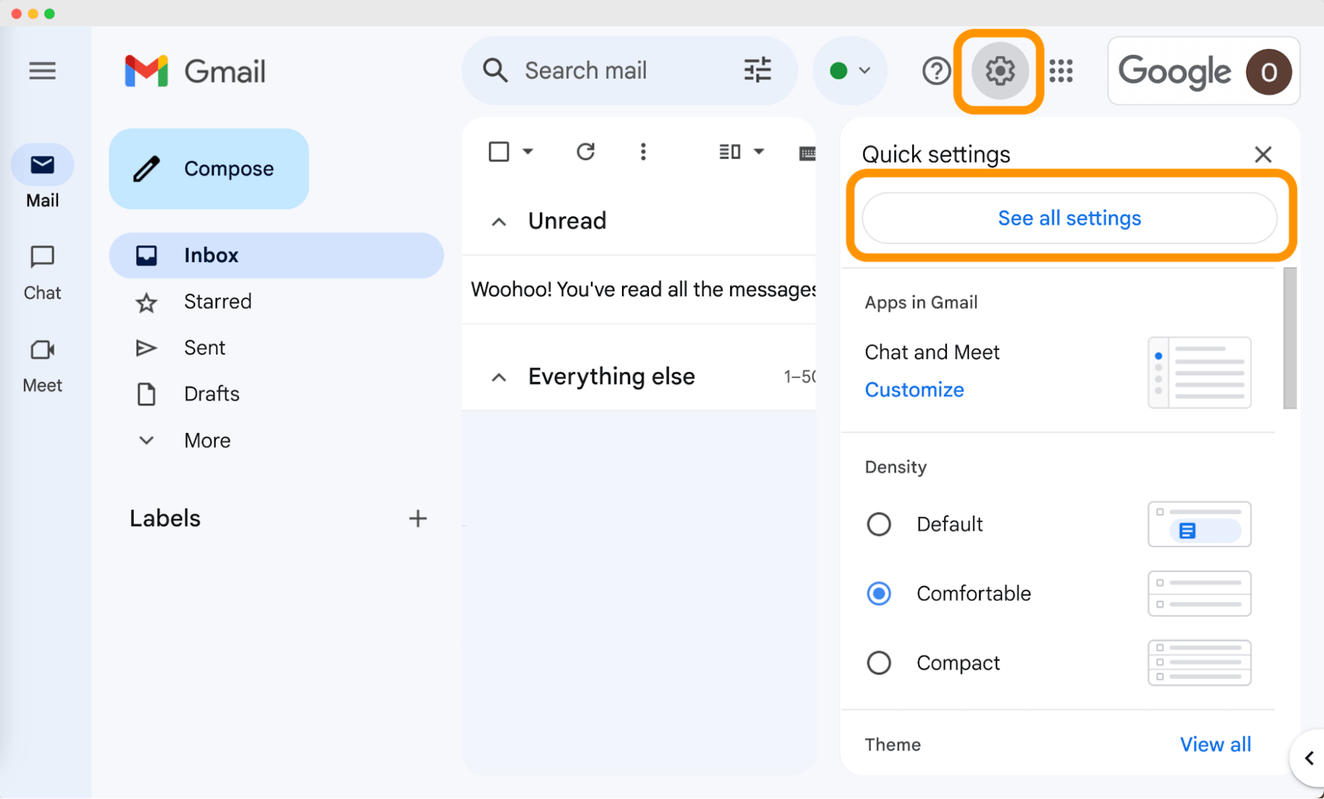 Gmail quick settings menu with the option to See all settings highlighted, part of the process for creating an email signature with certifications.