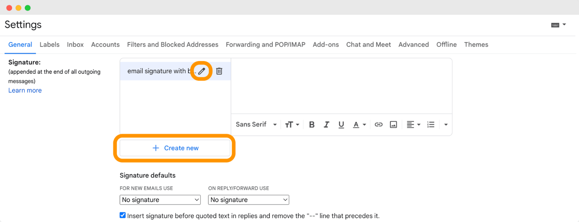 Gmail settings page showing the process to create a new email signature with badges, emphasizing the edit icon.