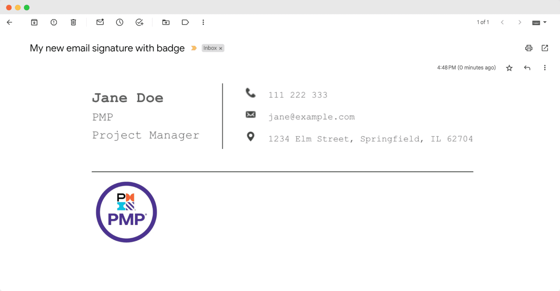 PMP email signature example, featuring a photo, contact details, and a PMP badge.