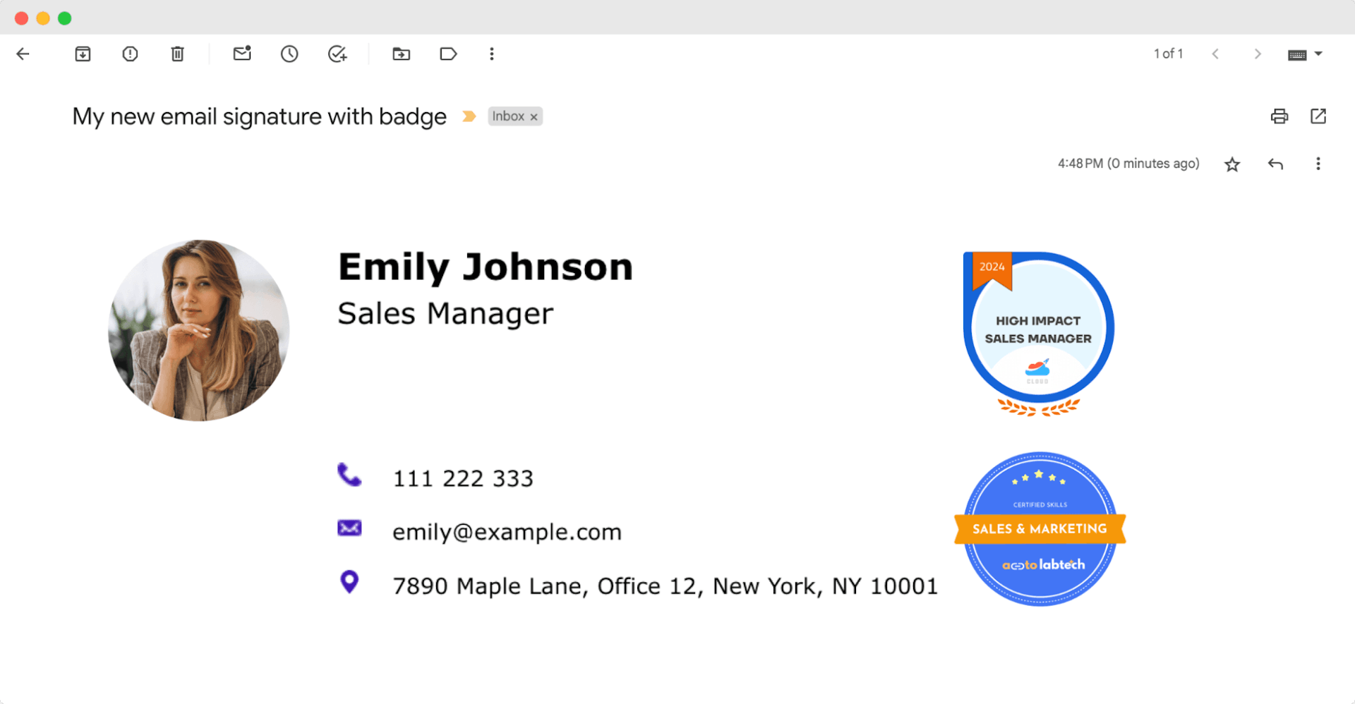 Sample email signature for sales managers, featuring contact information and more than one certification badge.