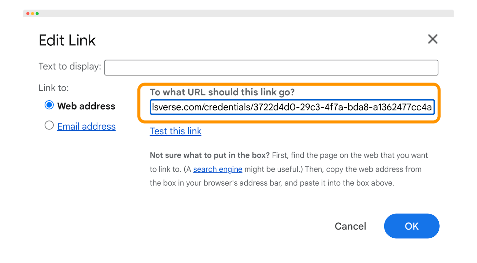 Edit Link window in Gmail, showing the badge URL input field for linking a certification badge in an email signature, part of how to display credentials in an email signature.