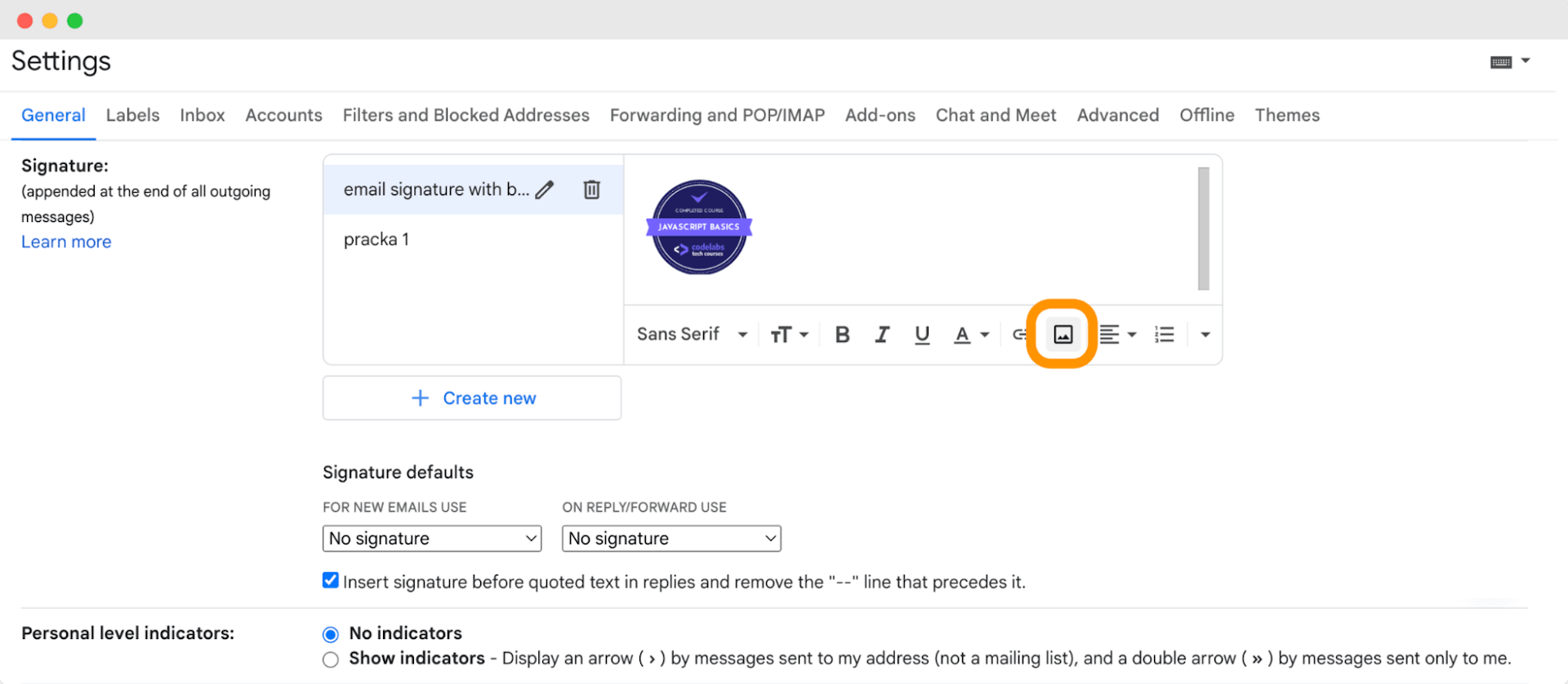 Gmail settings page with a badge inserted into the email signature section, highlighting the image icon to add certifications to email signature.