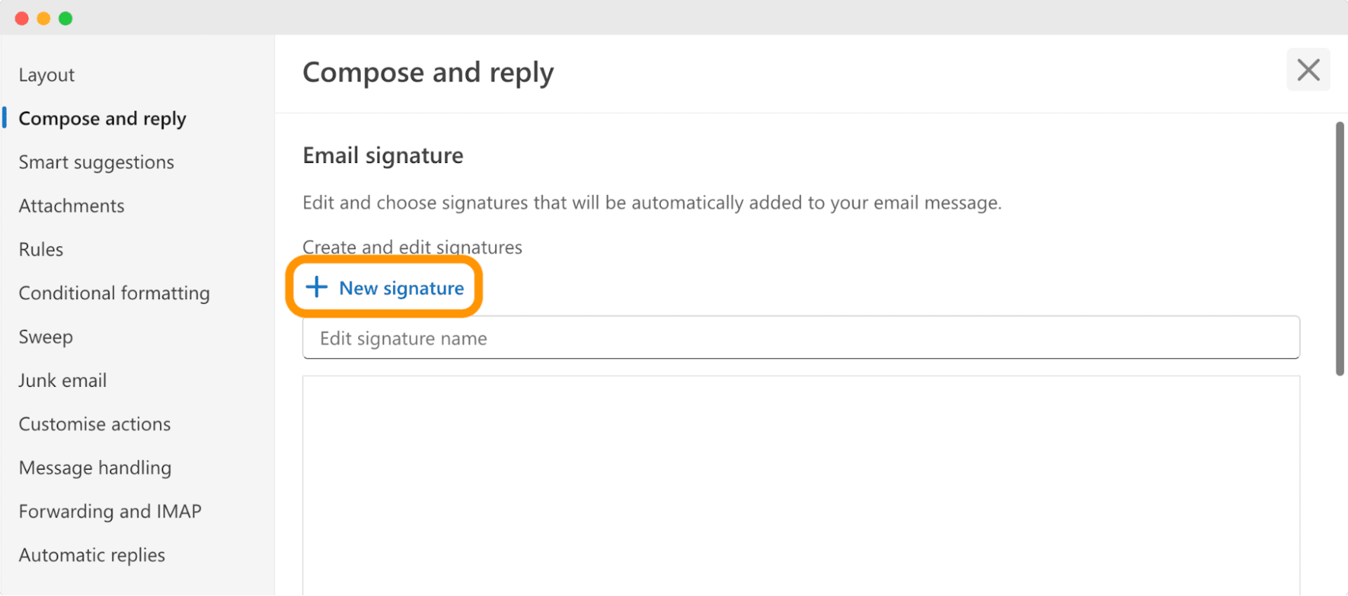 Outlook Compose and reply settings with the New signature option highlighted, showing how to create a new email signature with certifications.