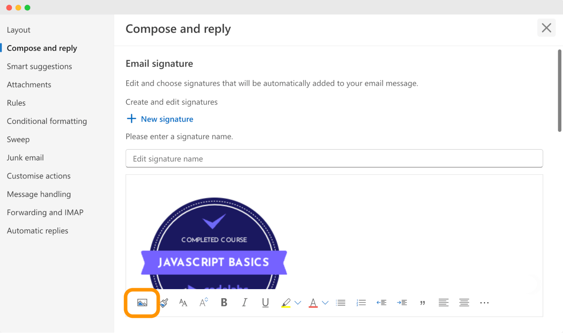 Screenshot of Outlook email signature settings with a sample badge added, illustrating how to add certifications to an email signature.