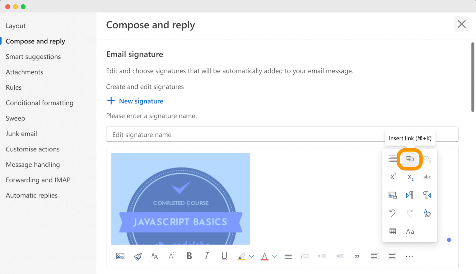 Outlook email signature settings with a sample badge inserted, highlighting the insert link icon, demonstrating how to display credentials in an email signature.