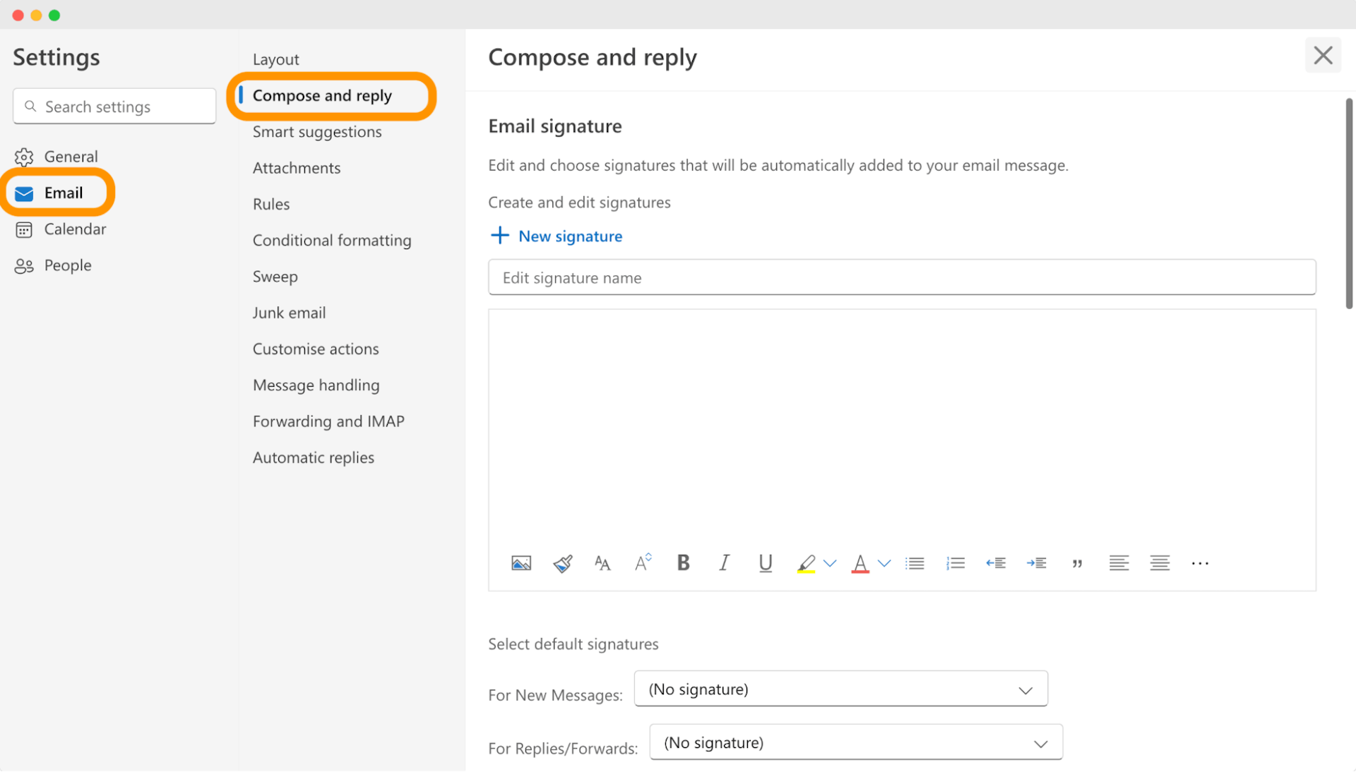 Screenshot of Outlook settings showing the Compose and reply section under the Email tab, guiding on how to add a badge to your email signature in Outlook.