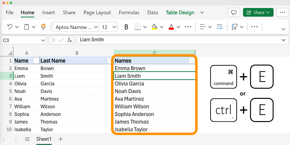 Example of an Excel table where the names are combined and selected in a drop-down list, showing how to add first name and last name in Excel with Flash Fill, with keyboard shortcuts for Flash Fill.