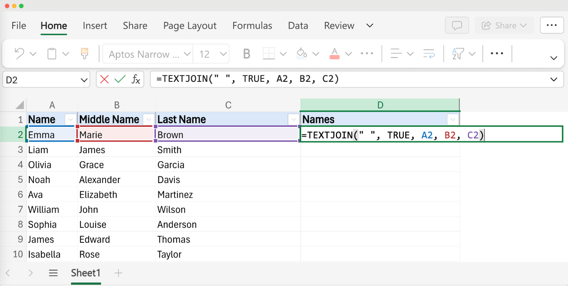 Excel formula using TEXTJOIN to combine names from columns with leading or trailing spaces into a full name, showing an intermediate step where only the first name and last name are merged.