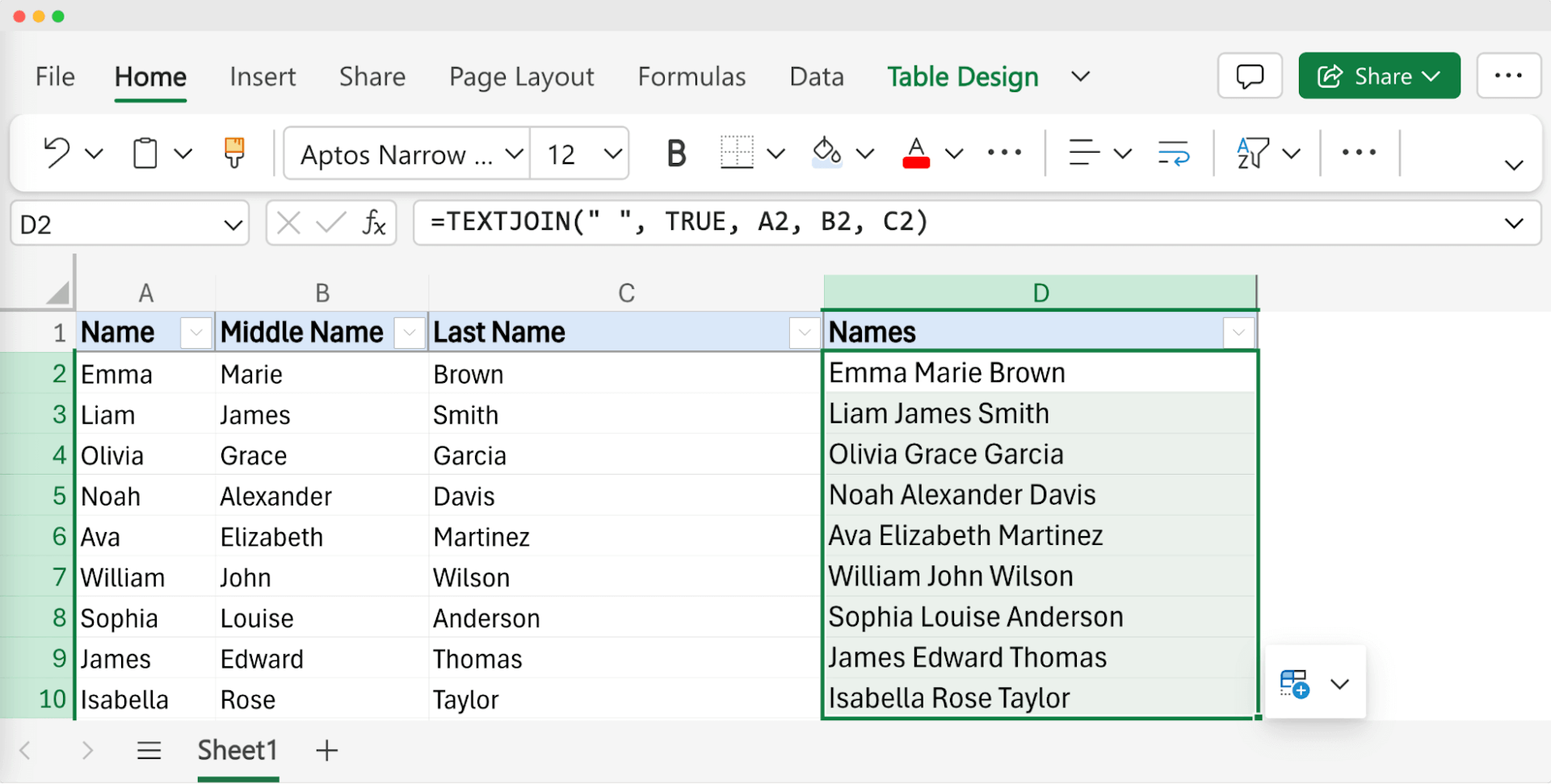 Final Excel output showing full names combined from a dataset that includes first names, middle names, and last names, demonstrating the handling of trailing spaces and ensuring the first letter of each name is capitalized.