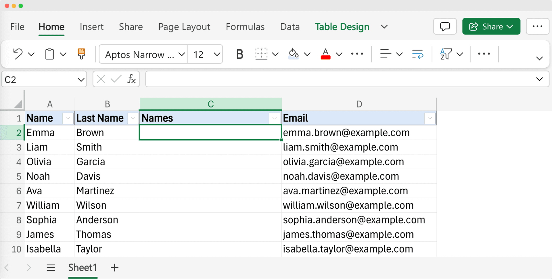 An Excel table showing how to prepare the spreadsheet to combine first name and last name in Excel.