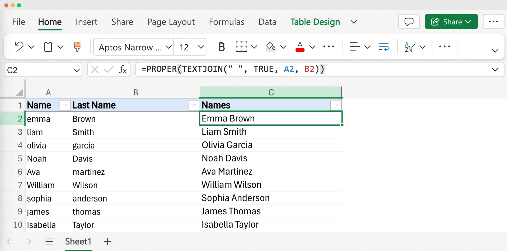 xample showing how to merge first name and last name in Excel using the TEXTJOIN function, with the combined names displayed in a new column.